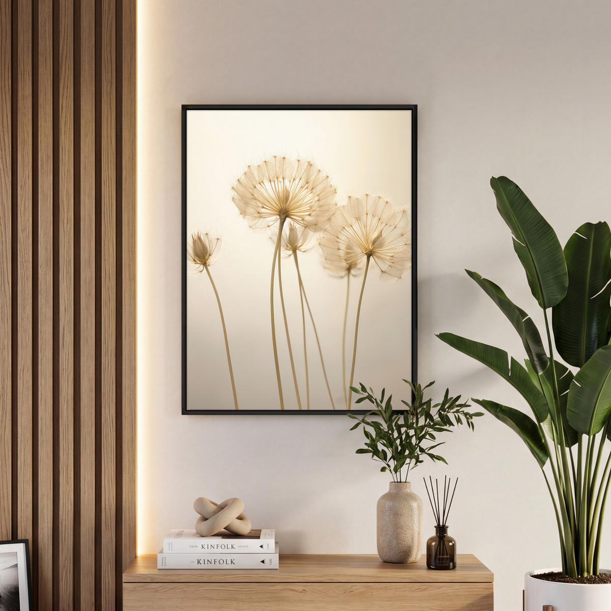 LEINWAND Bilder mit Rahmen - Sonnenlicht - Löwenzahn - Botanisch - Blumen - 60x80 - Creme, Textil (60/80cm) - MuchoWow