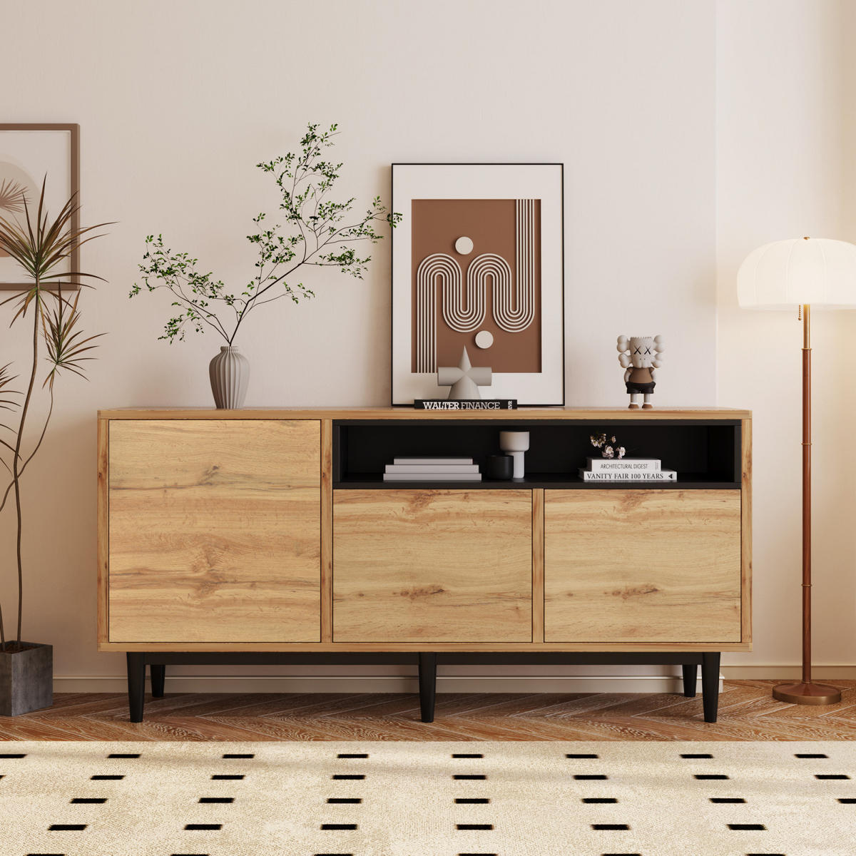 SIDEBOARD Naturfarben, 3 Türen, Regale, Schubladen - Kastanienfarben, Holz (160/76/35cm)
