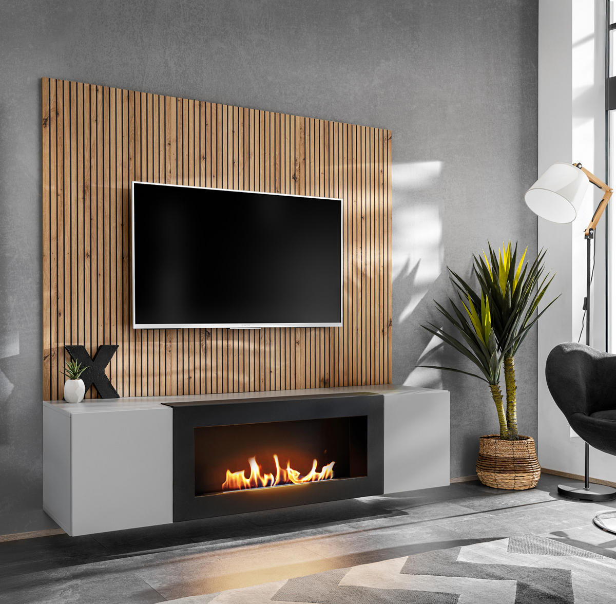 TV-LOWBOARD grau, Eiche Artisan 160, TV-Unterschrank mit Ethanpol Kamin und Akustikpaneel - Hellgrau/Schwarz, Glas/Holzwerkstoff (160/148/35cm) - Inn.Furn