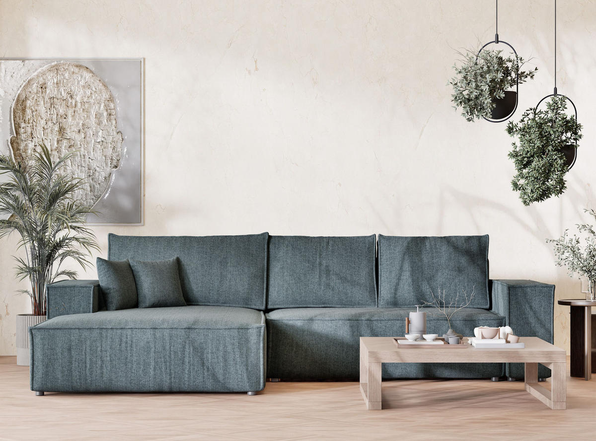 ECKSOFA Maze Blau Webstoff - Links Seite - Blau/Schwarz, Holz/Holzwerkstoff (185/294cm) - Maison de Reve