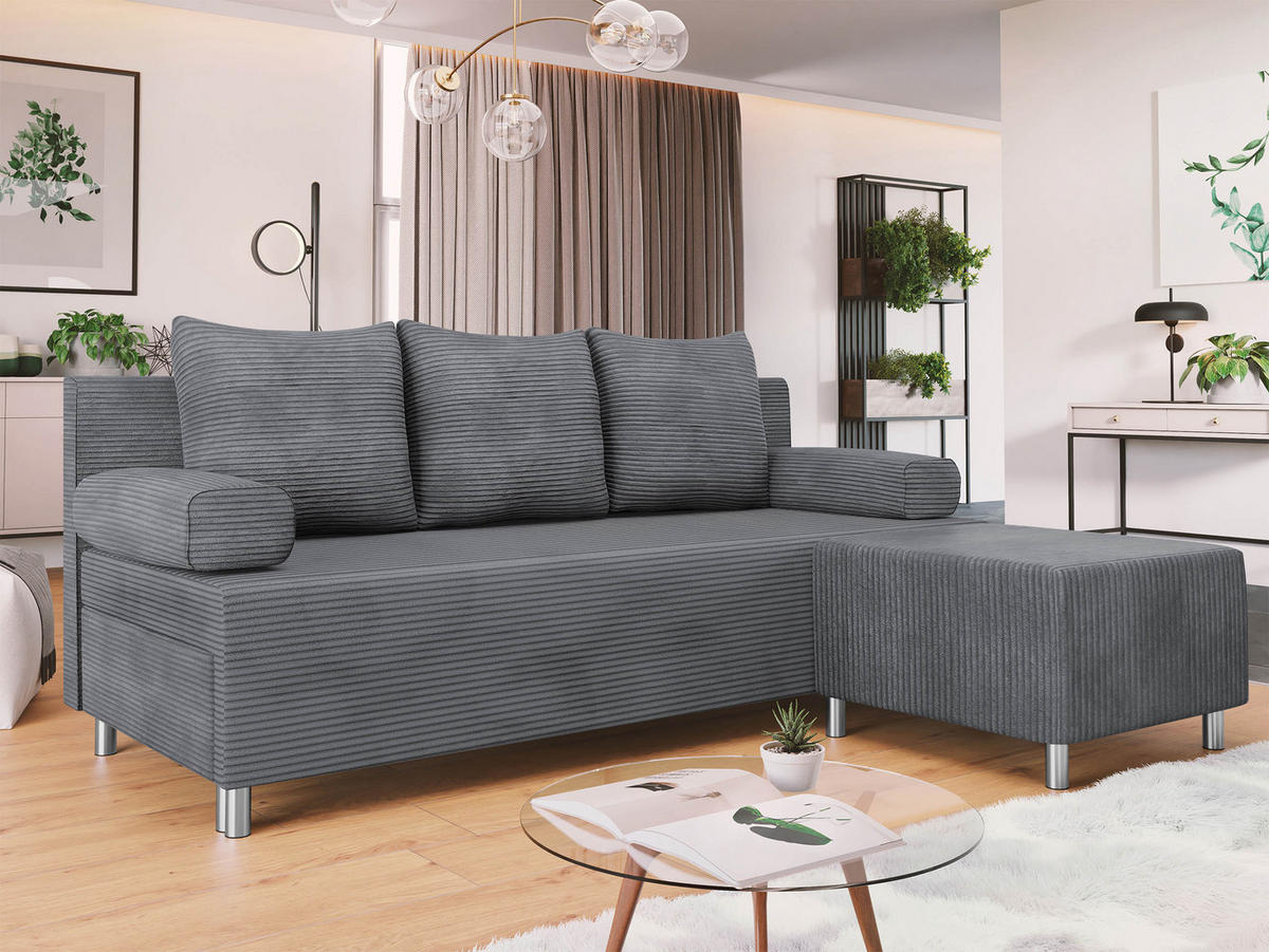 SCHLAFSOFA Dover Cord mit Polsterhocker - Chromfarben/Greige, Holz/Kunststoff (192/80cm) - MIRJAN24
