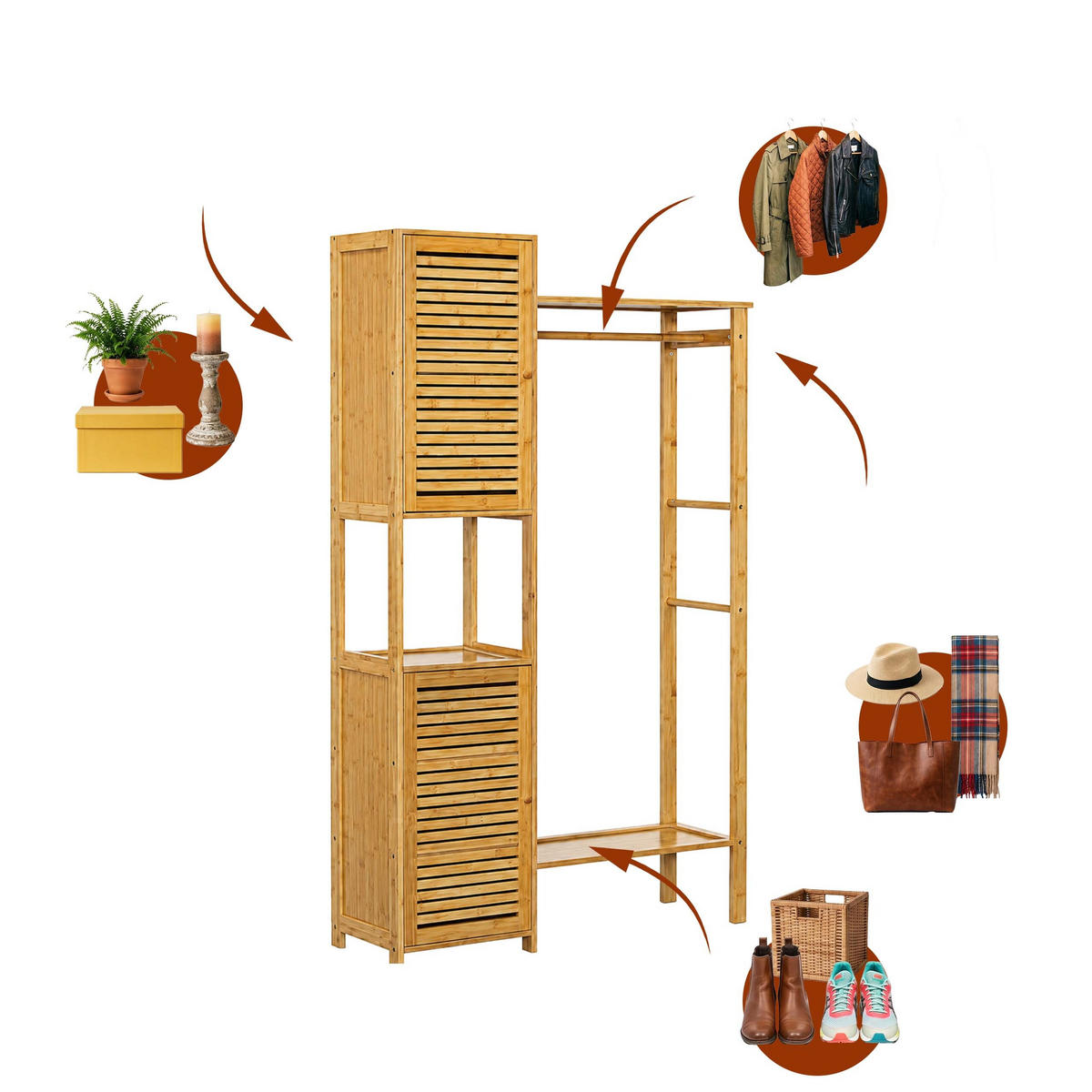KLEIDERSTÄNDER Natur Bambus mit 2 Schrankelementen - Hellbraun, Holz (99/164/29cm) - Relaxdays