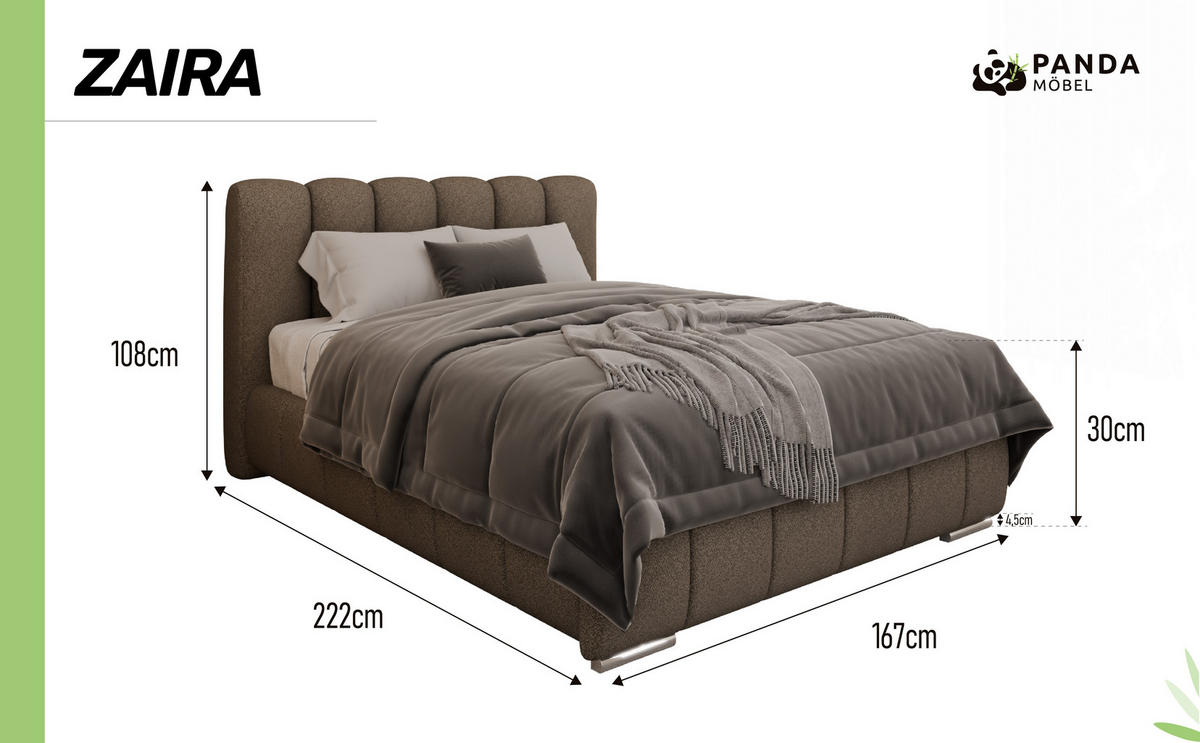 POLSTERBETT Zaira 140x200cm – Elegantes Polsterbett für modernen Wohnstil , ZONIERTE MULTI-TASCHEN-FEDERKERN (24cm), braun - Braun, Holz (140/200cm) - Panda Möbel