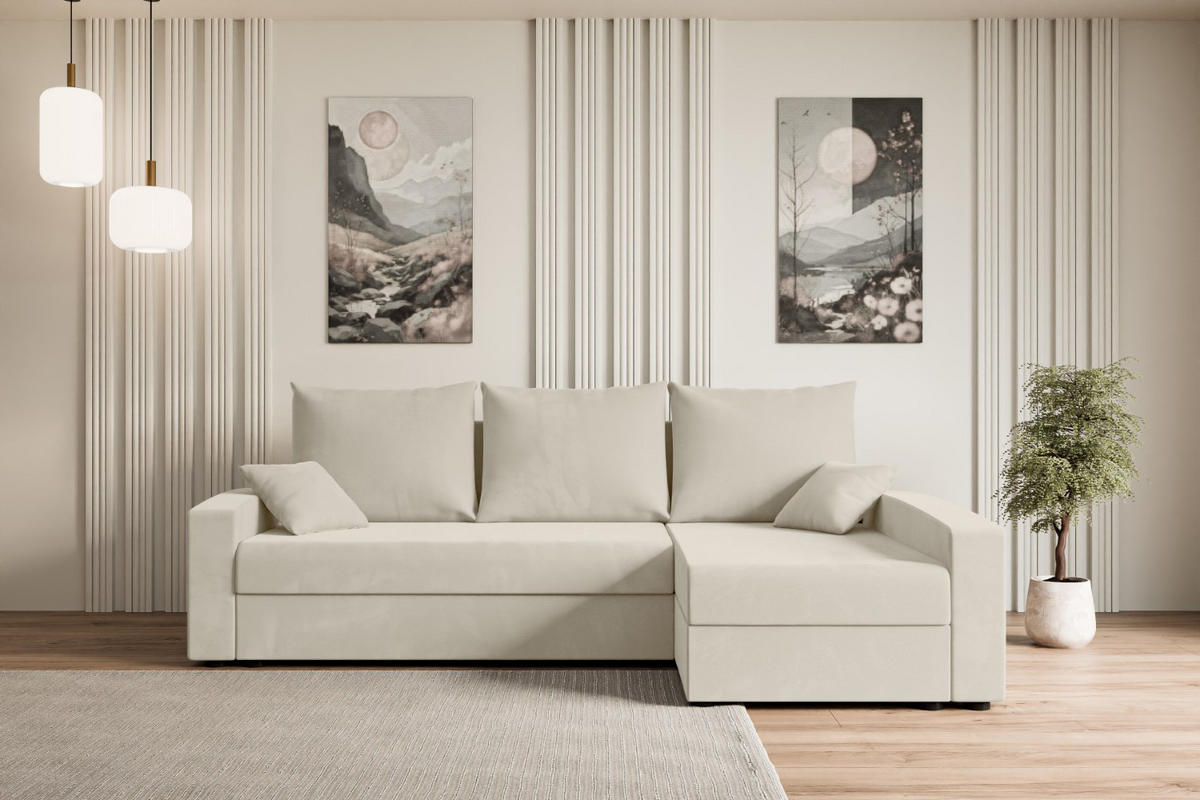 ECKSOFA mit Schlaffunktion und Bettkasten ALESIA-L 231x140x90 cm Beige Velours - Beige/Silberfarben, Holzwerkstoff/Kunststoff (231/140cm) - ALTDECOR