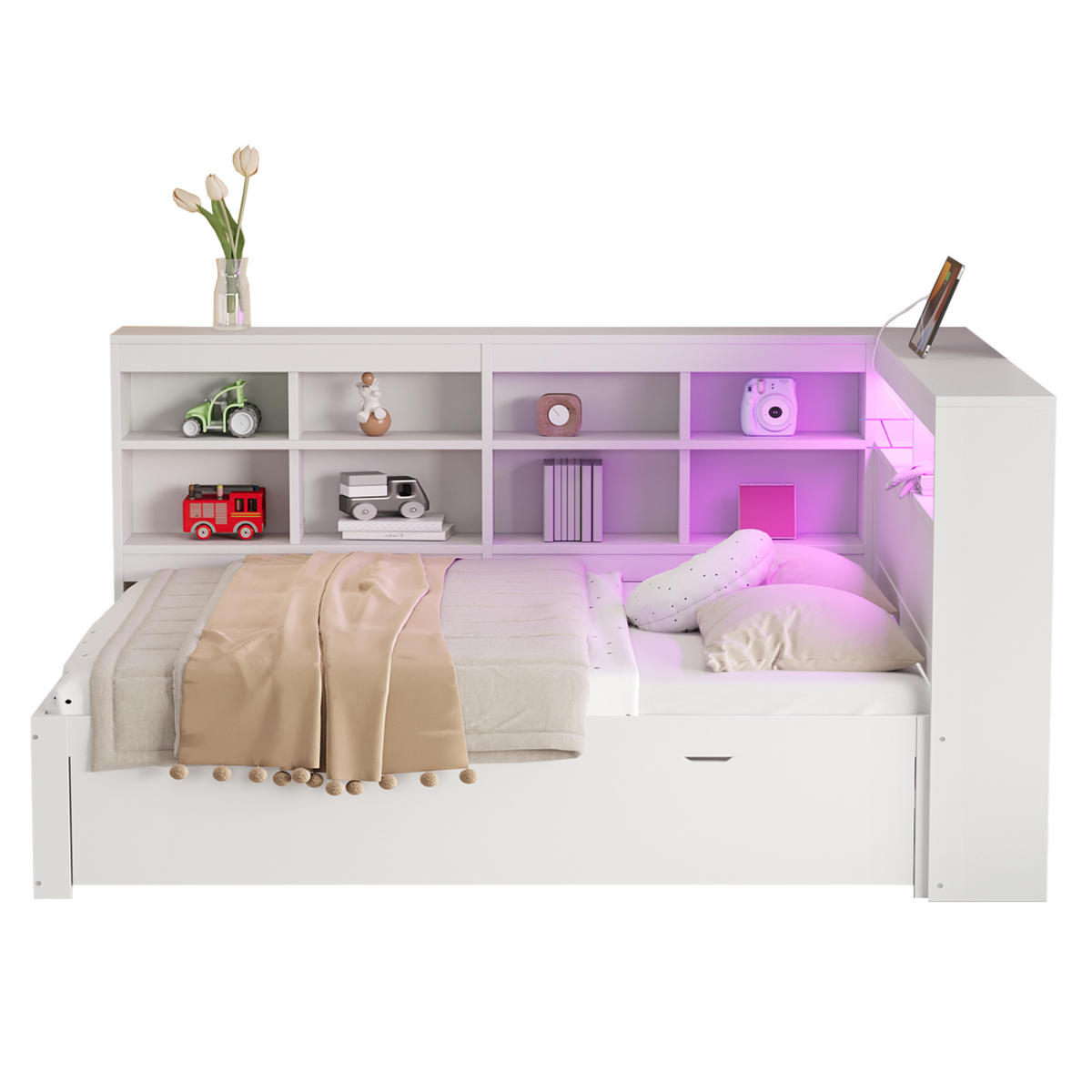 MULTIFUNKTIONSBETT 140/200 cm mit großem Stauraum und USB-Anschluss - Weiß, Holz (140/200cm) - OKWISH