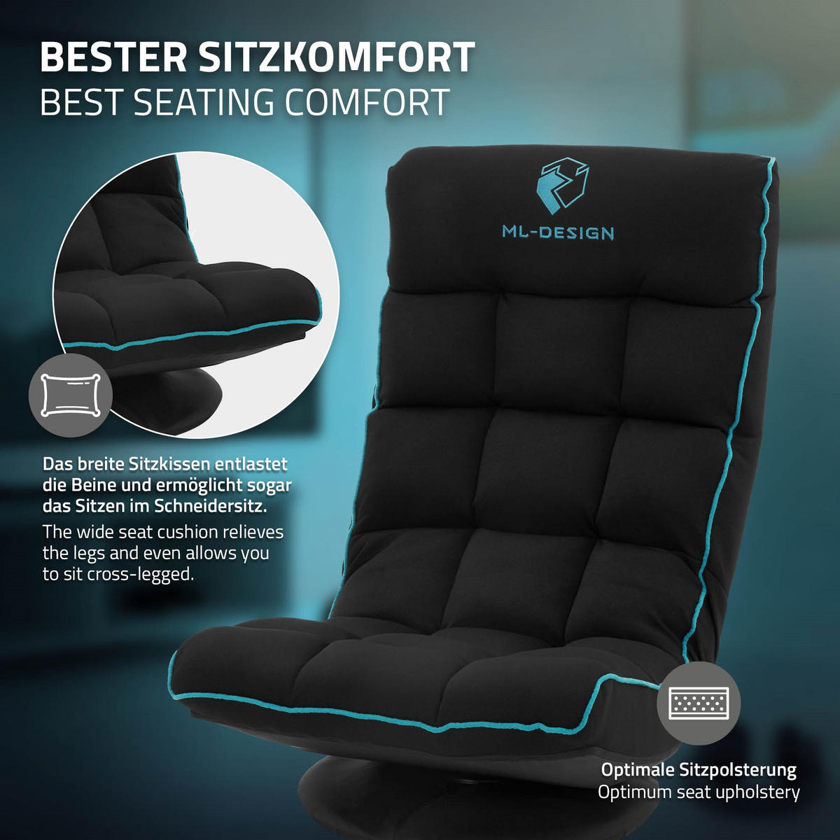GAMINGOVÁ ŽIDLE NA PODLAHU Černá-tyrkysová látkový potah 360° otočná a nastavitelná - černá/tyrkysová, textil (56/85/92cm) - ML-DESIGN