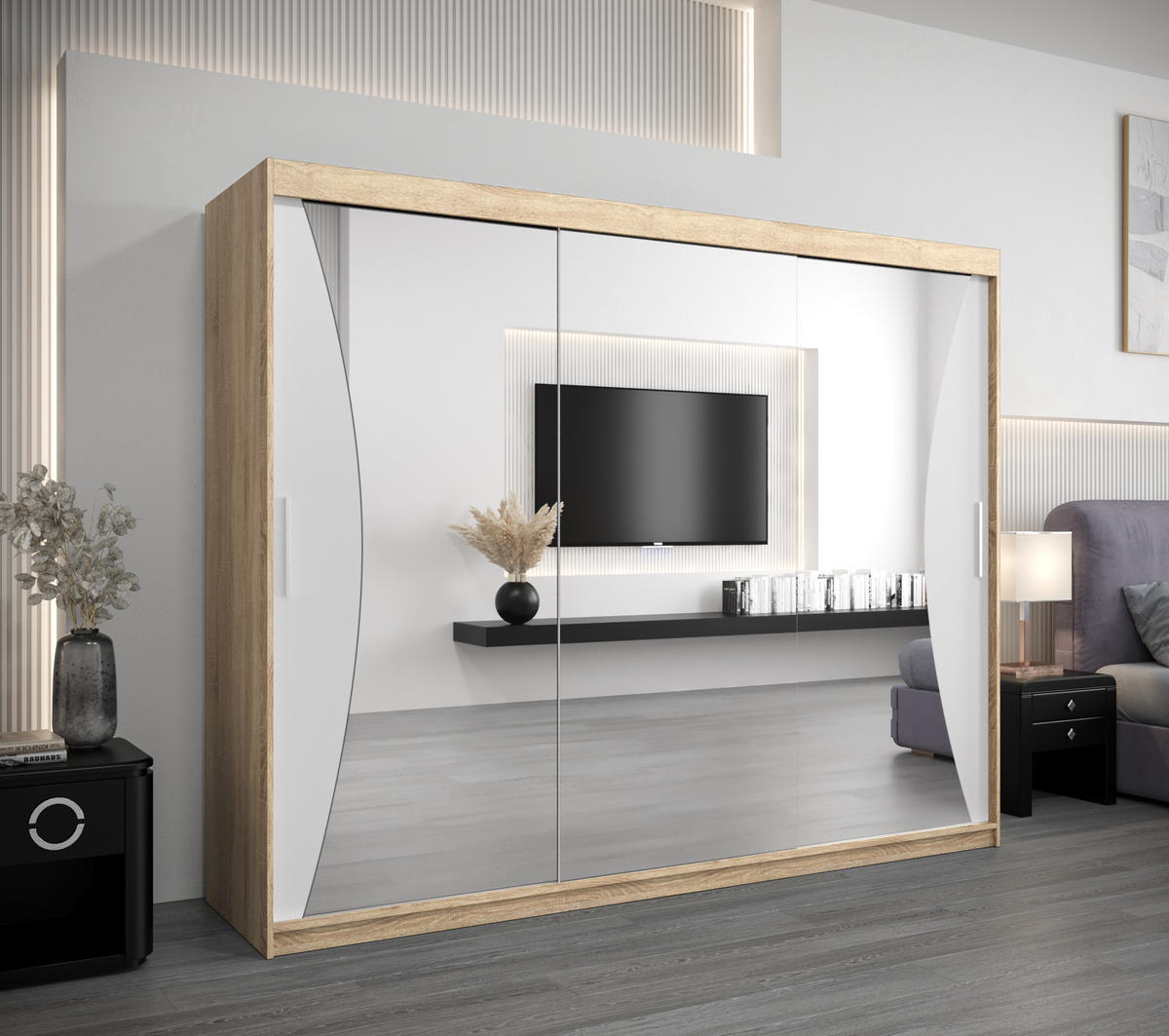 SCHWEBETÜRENSCHRANK 200/250/62 3-türig - Silberfarben/Weiß, Holz/Kunststoff (250/200/62cm) - Abiks Möbel