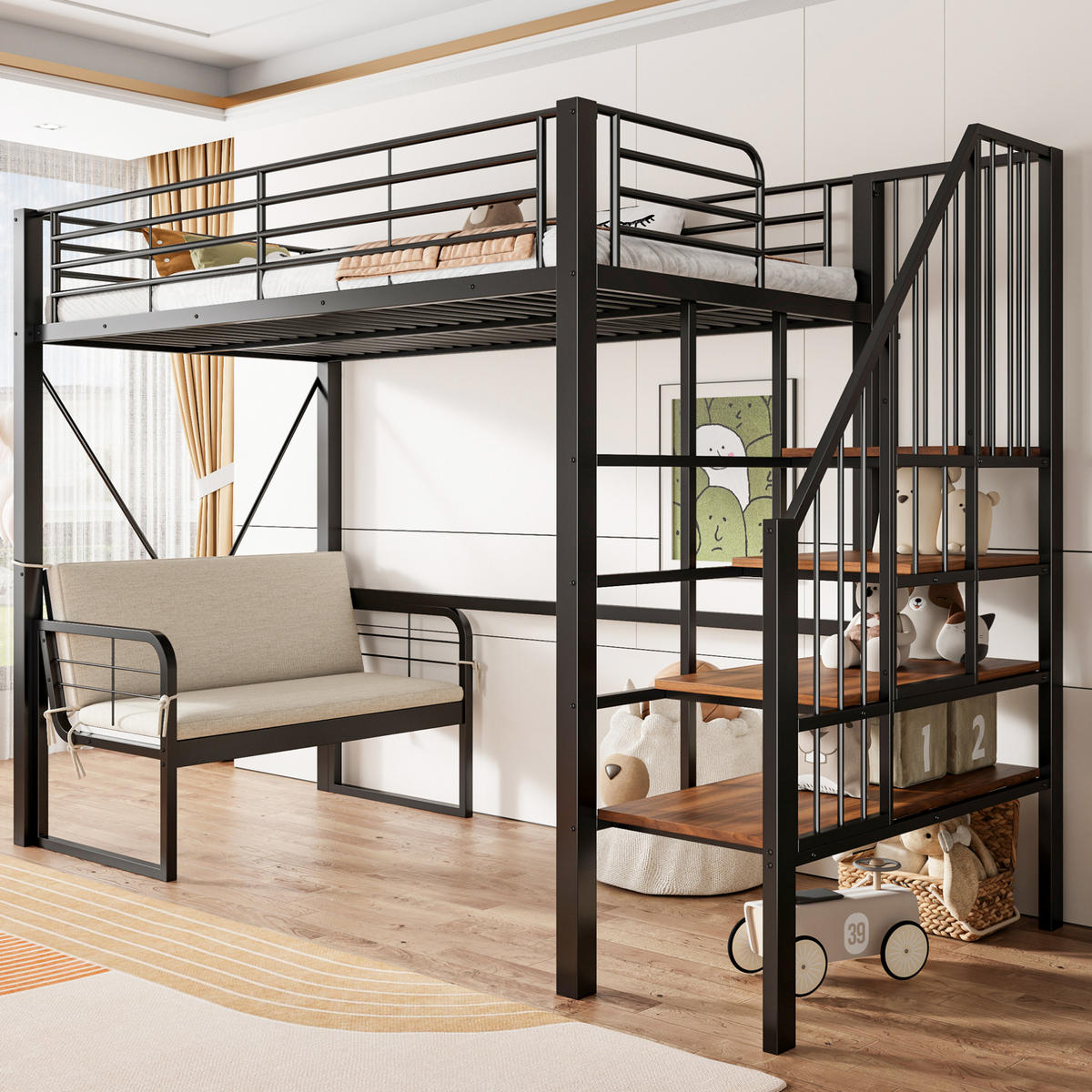 HOCHBETT 90/200 cm aus Metall und MDF mit Stauraumleiter, Schwarz - Schwarz, Metall (90/200cm) - OKMYHOME