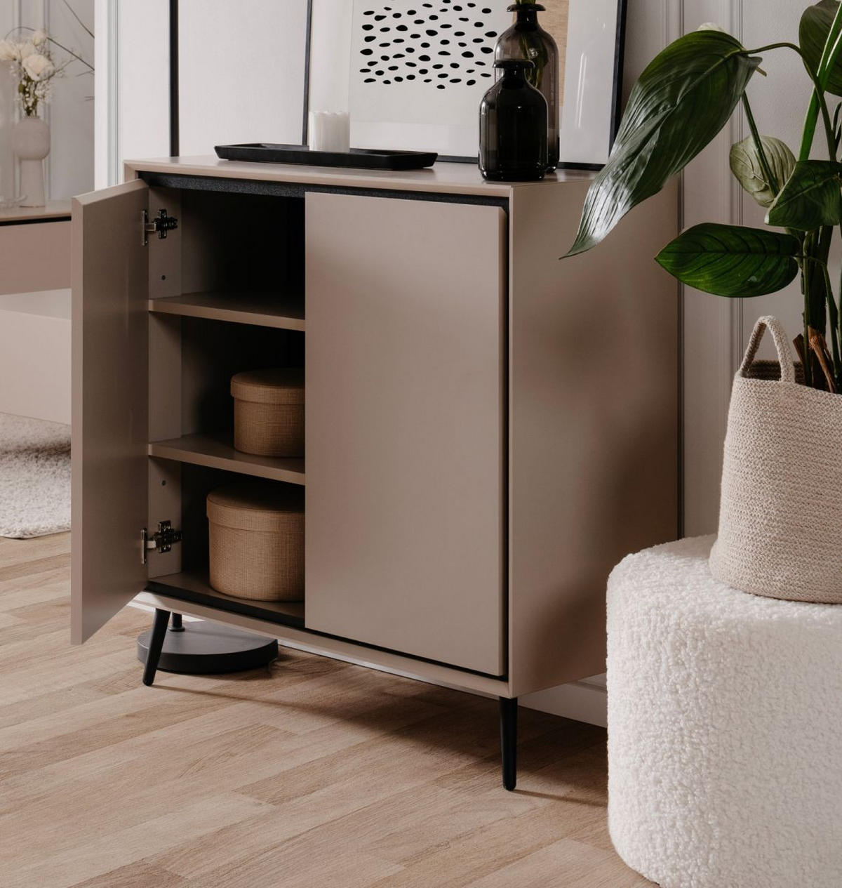 KOMMODE sand, schwarz 90 cm, Sideboard mit Soft-Close - Sandfarben/Schwarz, Holzwerkstoff/Kunststoff (90/90/38cm) - Furn.Design