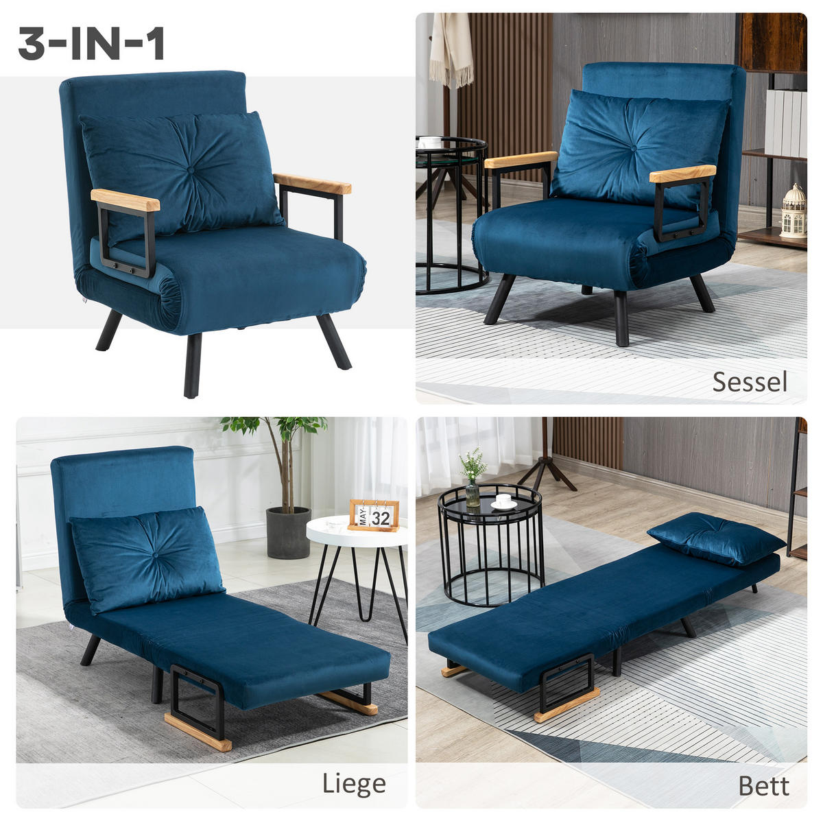 SCHLAFSESSEL, Einzelsofa mit Bettfunktion, Relaxsessel mit Rückenkissen Blau - Blau/Schwarz, Holz/Textil (73/81/63cm) - HOMCOM