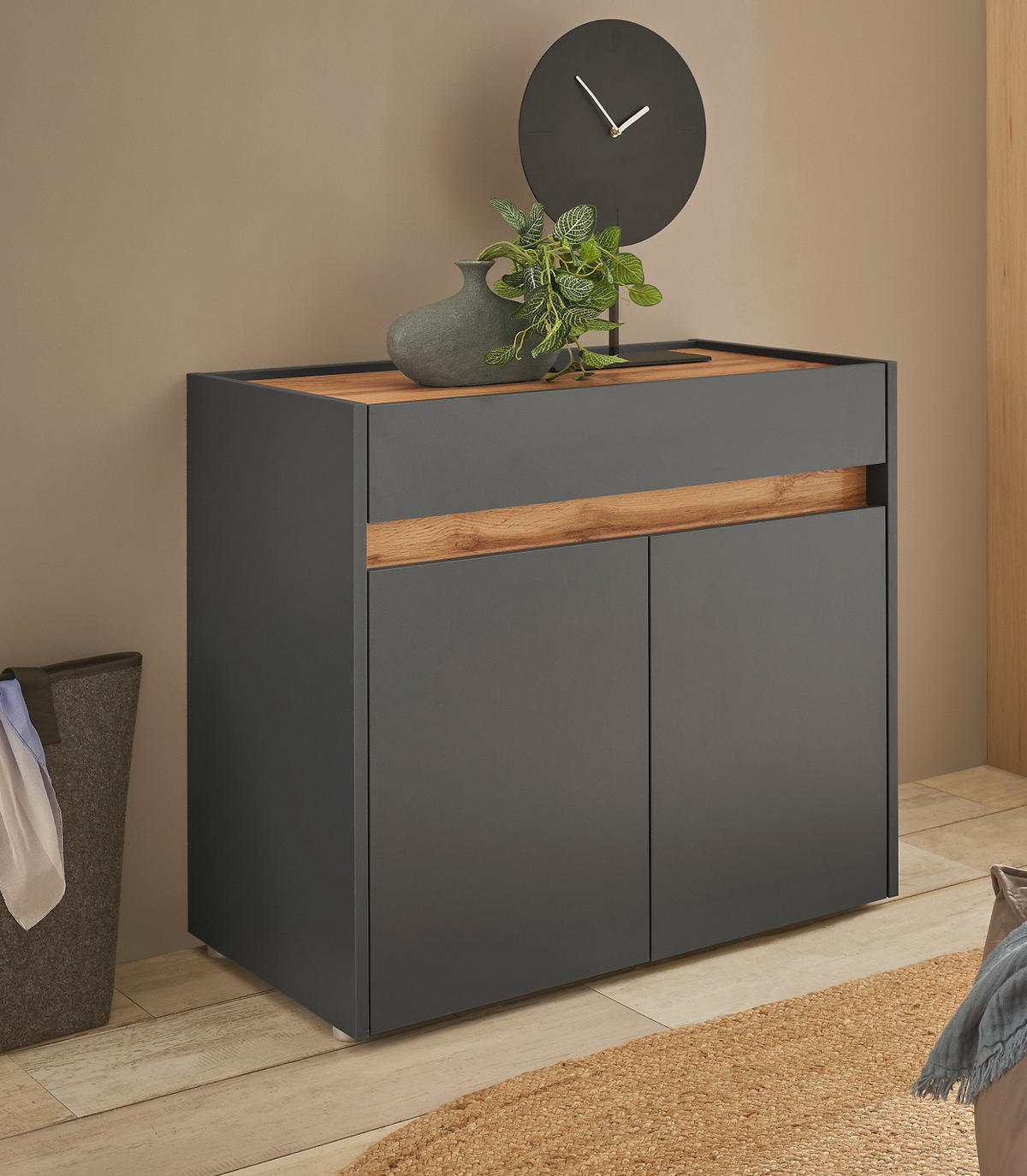FLURKOMMODE grau matt, Eiche Wotan 80 cm, Schuhschrank mit Schubkästen - Silberfarben/Eiche Wotan, Holzwerkstoff/Kunststoff (80/70/40cm) - Furn.Design
