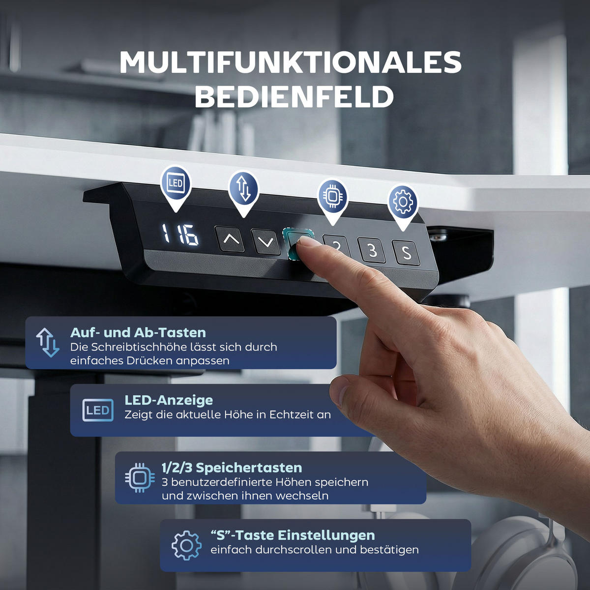 SCHREIBTISCHGESTELL elektrisch höhenverstellbar mit Speicherfunktion - Schwarz, Metall (60/100/70cm) - Gisaae