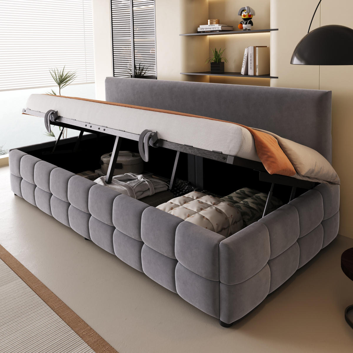 POLSTERBETT 90/200 cm Dunkelgrau aus Samt mit Stauraum - Grau, Textil (90/200cm) - OKMYHOME