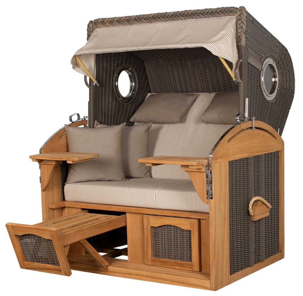 STRANDKORB Komplettset: Borkum XL Teak Bullauge - PE grau - Modell 510 - Beige/Braun, Holz/Kunststoff (142/170/95cm) - bene living