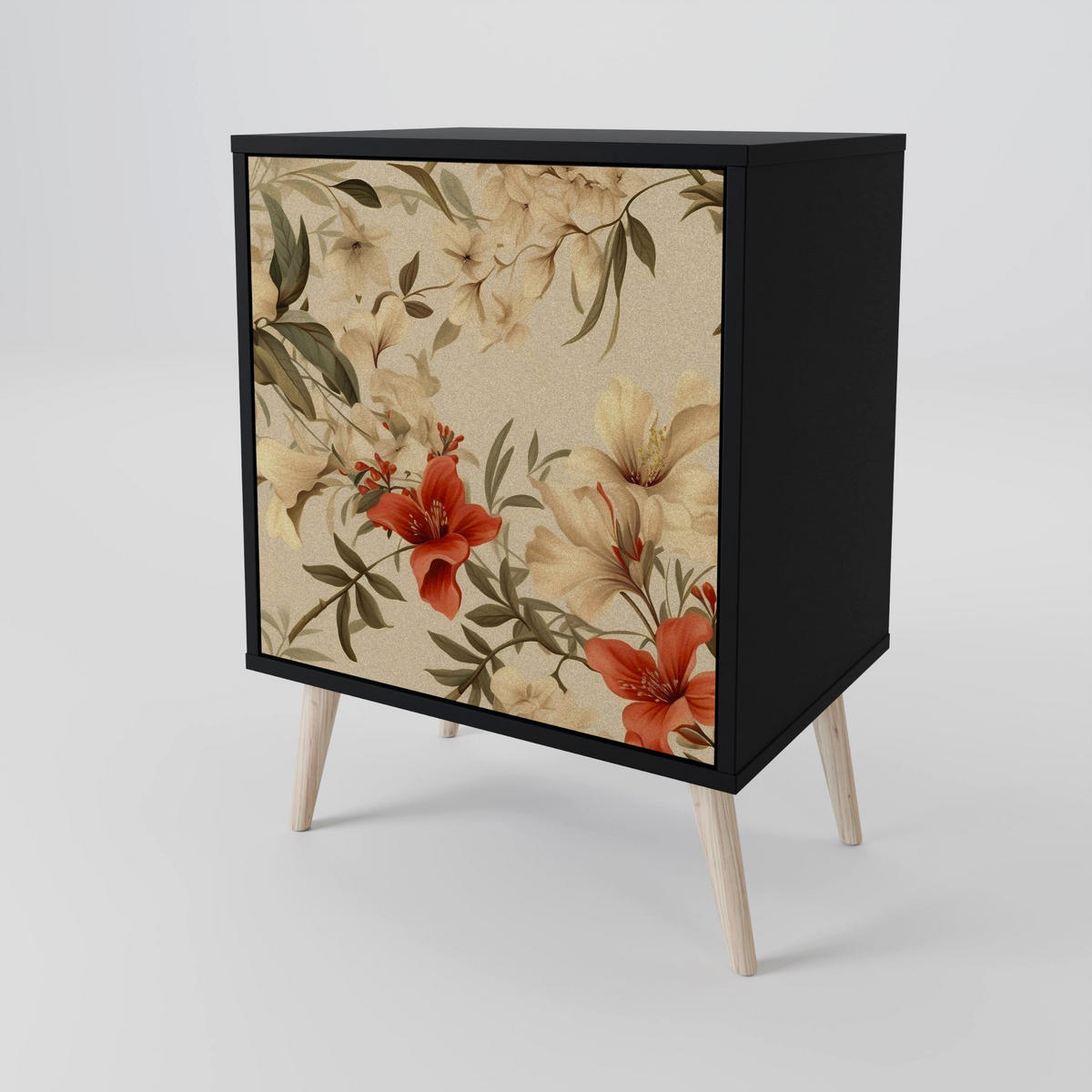 SIDEBOARD BLOOMING HARMONY, Schwarz, 57,5x42x75,5 cm, Goldfarbene Metallfüße - Goldfarben/Multicolor, Holzwerkstoff/Metall (57.5/75.5/42cm) - SpaceRebels