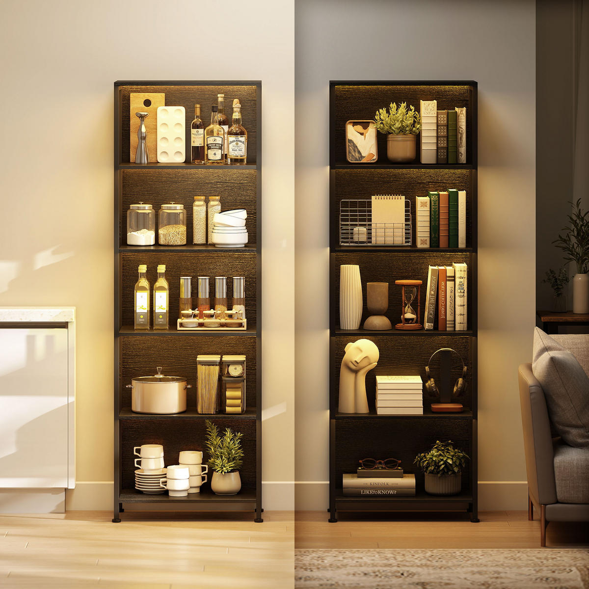 BÜCHERREGAL mit 5 Ebenen Standregal mit LED-Beleuchtung, 7 Lichtfarben, Schwarz - Schwarz, Holzwerkstoff/Metall (30/179/60cm) - HOMCOM