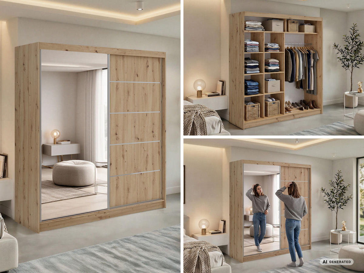 SCHWEBETÜRENSCHRANK 200 - SKORIA - Eiche Artisan mit Spiegel - Alufarben/Eiche Artisan, Holzwerkstoff/Metall (200/216/61cm) - MKS