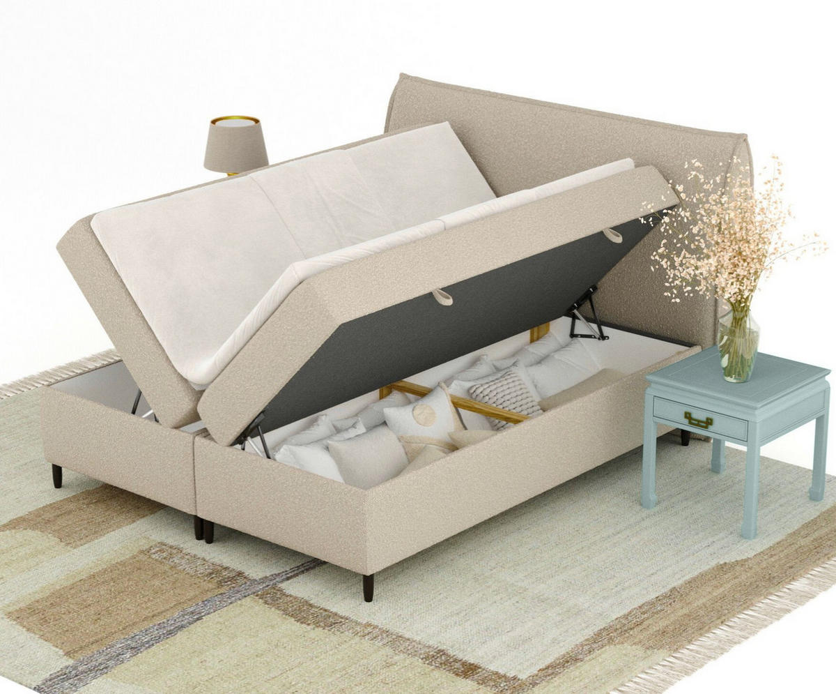 BOXBETT 200/200 cm Corvus, in Beige, Matratze, Topper, Bettkasten, H4 = sehr fest - Beige/Schwarz, Holz/Holzwerkstoff (200/200cm) - Maison de Reve