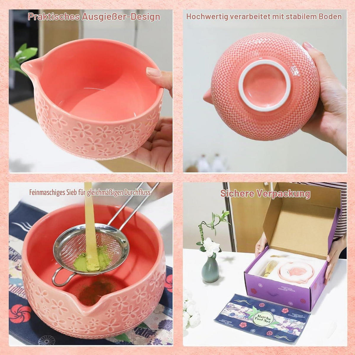 MATCHA Set 7-teiliges Set Keramikschale Bambusbesen Edelstahlsieb Rosa - Rosa, Keramik (14.7/13/19cm)