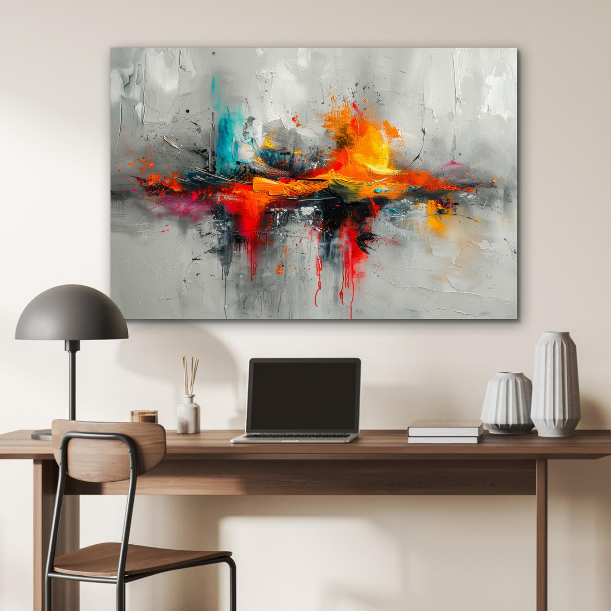 METALLBILD Moderne Kunst - Orange - Grau - Abstrakt 120x80 cm - Hellgrau, Metall (120/80cm) - MuchoWow