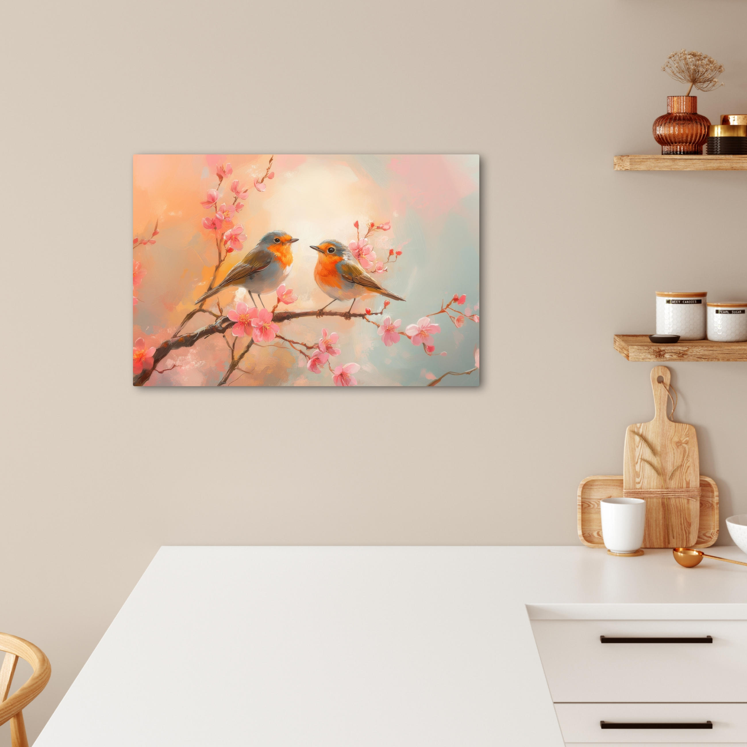 LEINWANDBILD Rotkehlchen - Zierpflanze - Blütenzweig Gemälde 60x40 cm - Hellrosa, Textil (60/40cm) - MuchoWow