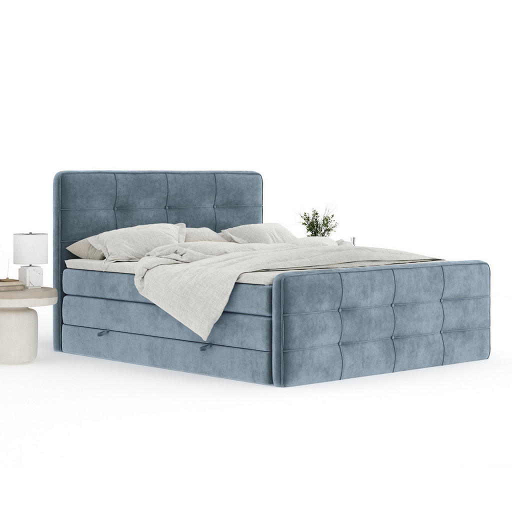 Thumbnail - Maison de Reve Boxspringbett, Blaugrau, Textil, Buche, Kiefer, H3 + H4, 7-Zonen, Höhe ca. 40 cm, 200x200 cm, Handmade in...