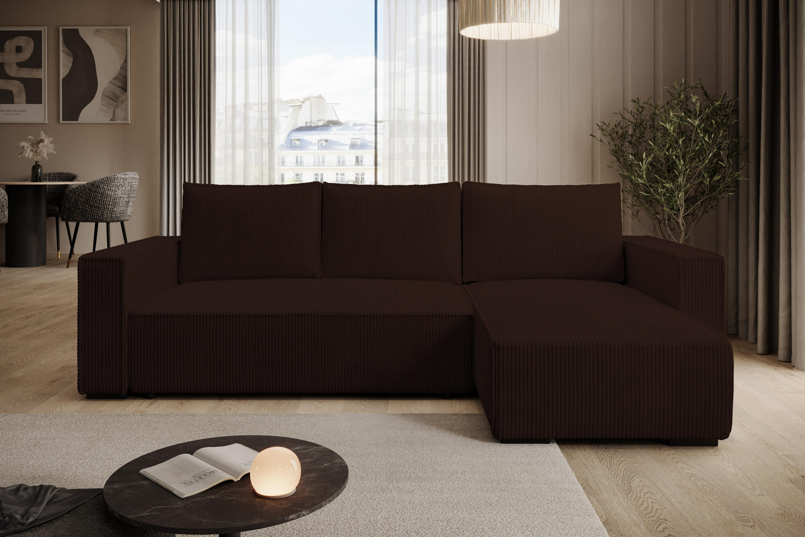 ECKSOFA CUDDY L, Eckcouch in L-Form mit Schlaffunktion und Bettkasten, Farbe: Dunkelbraun, Cordstoff, Ottomane Rechts - Dunkelbraun, Textil (240/140cm) - Storez24