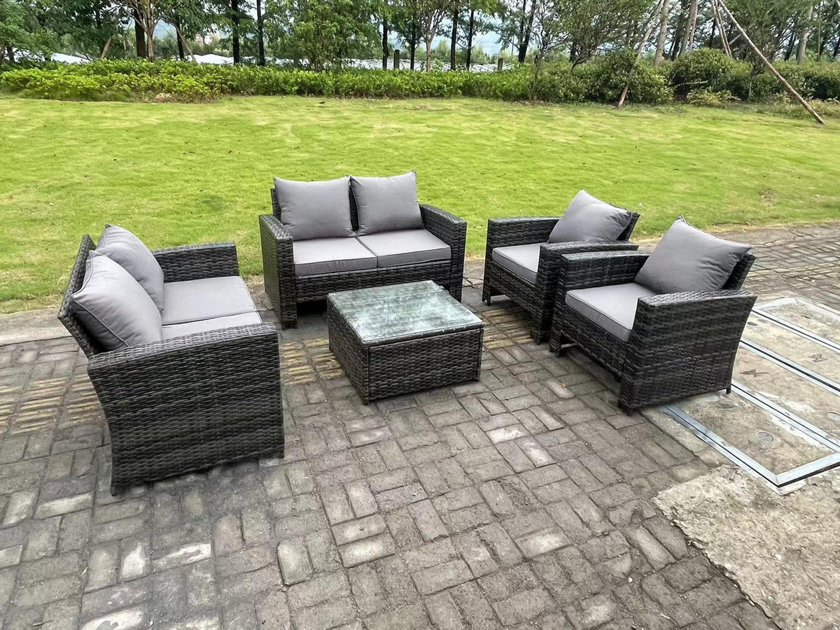 GARTENSOFA SET mit Couchtisch Polyrattan Dunkelgrau 6-Sitzer - Dunkelgrau, Metall - Fimous