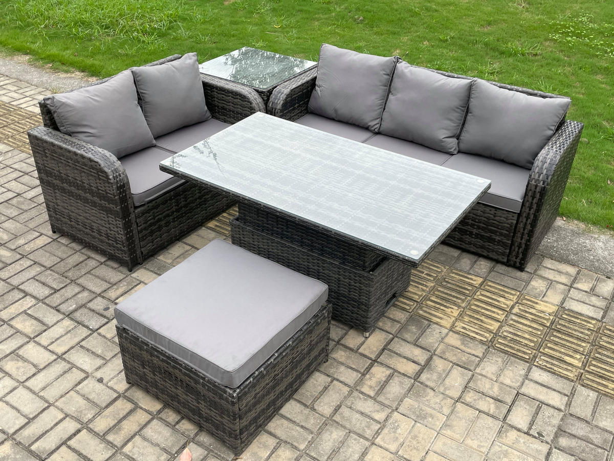 LOUNGESOFA Polyrattan 6-Sitzer - Dunkelgrau/Grau, Glas/Kunststoff - Fimous