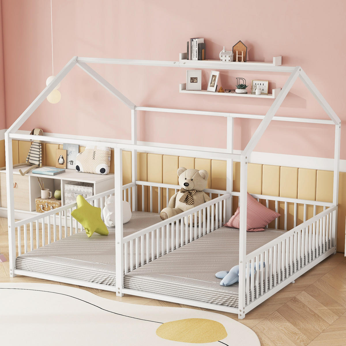 HAUSBETT 90/200 cm Weiß aus Metall in Hausform mit Leiter und Geländer - Weiß, Metall (90/200cm) - OKMYHOME
