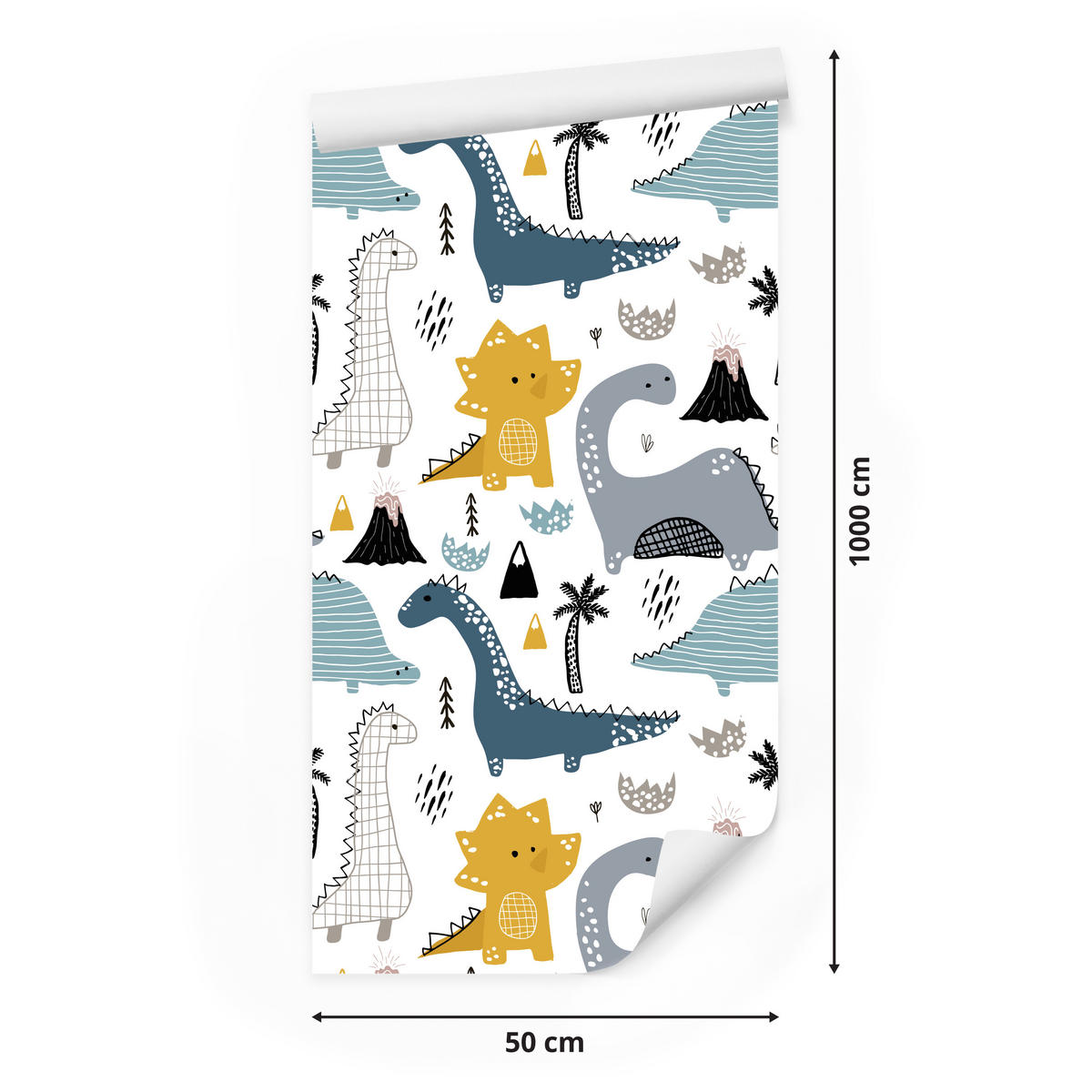 VLIESTAPETE Dinosaurier und Vulkane – Blau, Gelb, Schwarz, Weiß – 50x1000 cm - Blau/Gelb, Papier (50/1000cm) - Muralo