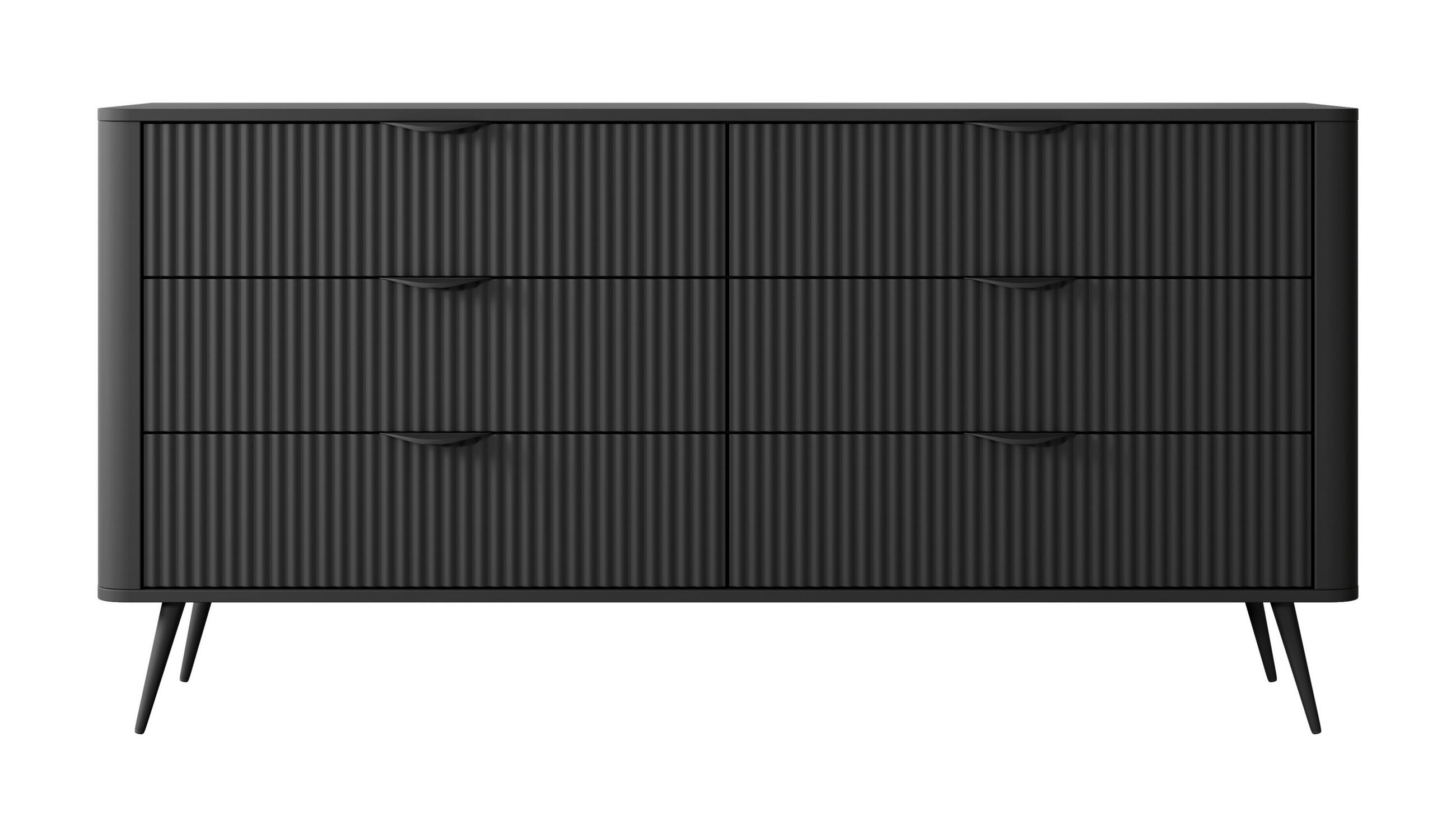 SIDEBOARD Vespasia 6S Schwarz 163,2/81,2/38 cm – Geriffelten Fronten - Schwarz, Holzwerkstoff/Metall (163/81.2/38cm) - AX Living