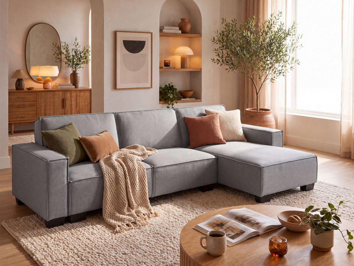 ECKSOFA Polsterbezug Hellgrau rechtsseitig Romedal - Hellgrau, Textil (290/173cm) - Beliani
