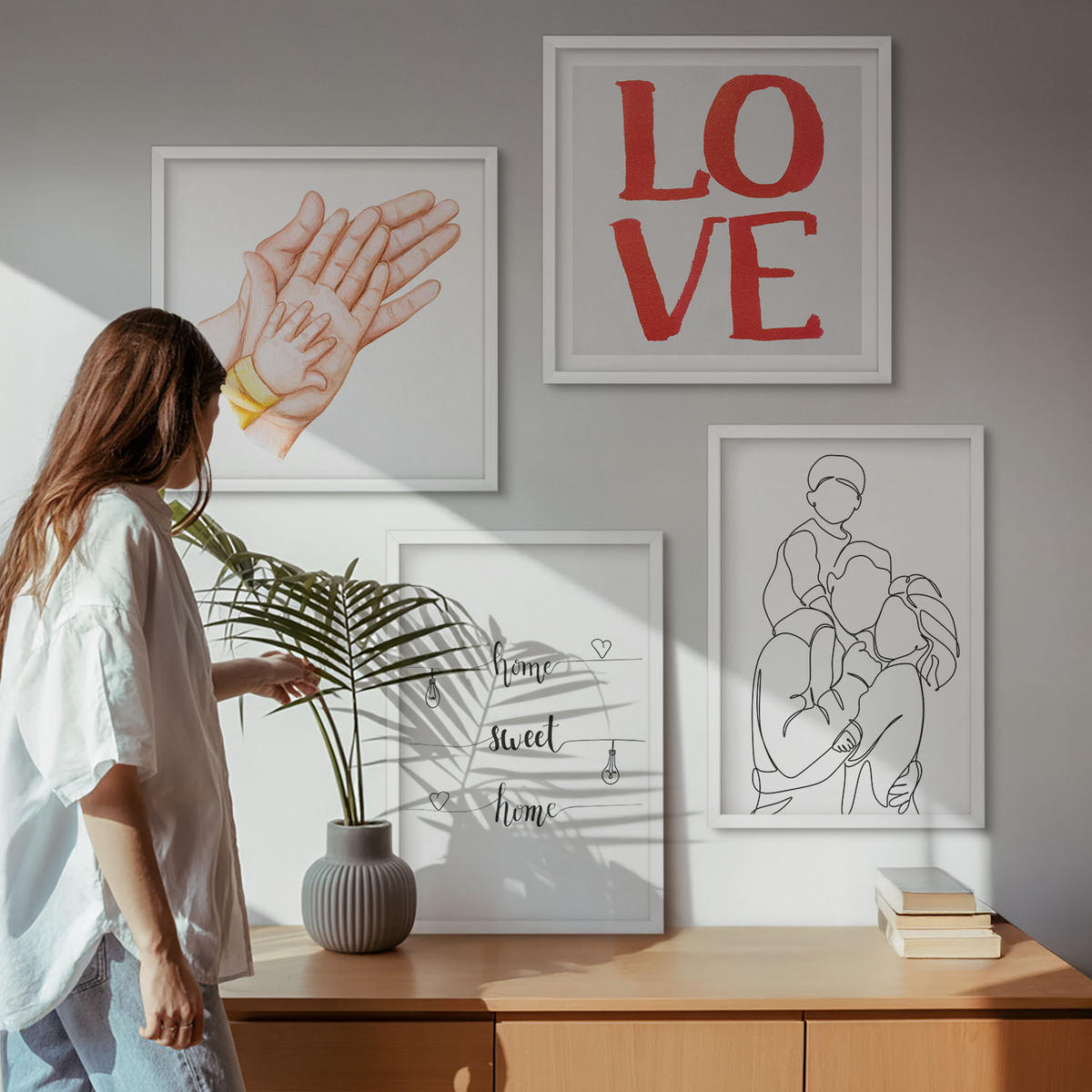 WANDBILDER 4er-Set - 50x50 cm & 40x60 cm Weißer Rahmen - Familienillustrationen Hausschilder - Weiß, Kunststoff (50/50cm) - ArtPrintCave