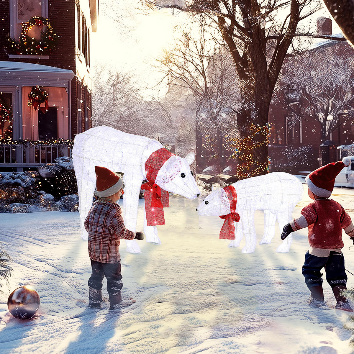 WEIHNACHTSDEKORATION Eisbärenfamilie Mutter und Jungtier mit Timer, LEDs - Weiß, Kunststoff (30/60/80cm) - Outsunny