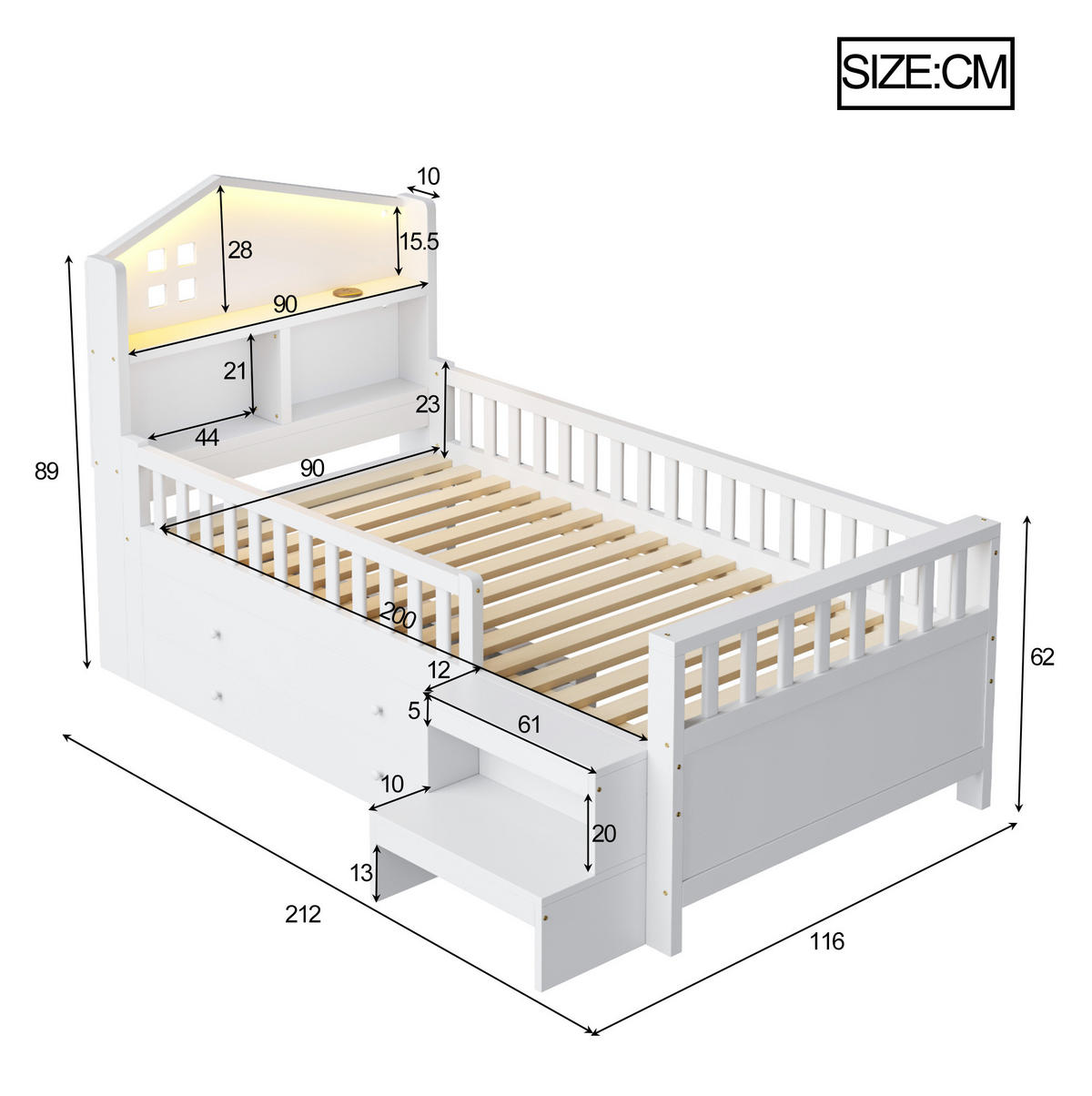 KINDERBETT 90/200 cm mit LED-Beleuchtung, USB- und Typ-C-Anschluss, 4 Schubladen und Treppe, Weiß - Weiß, Holzwerkstoff (90/200cm) - Redom