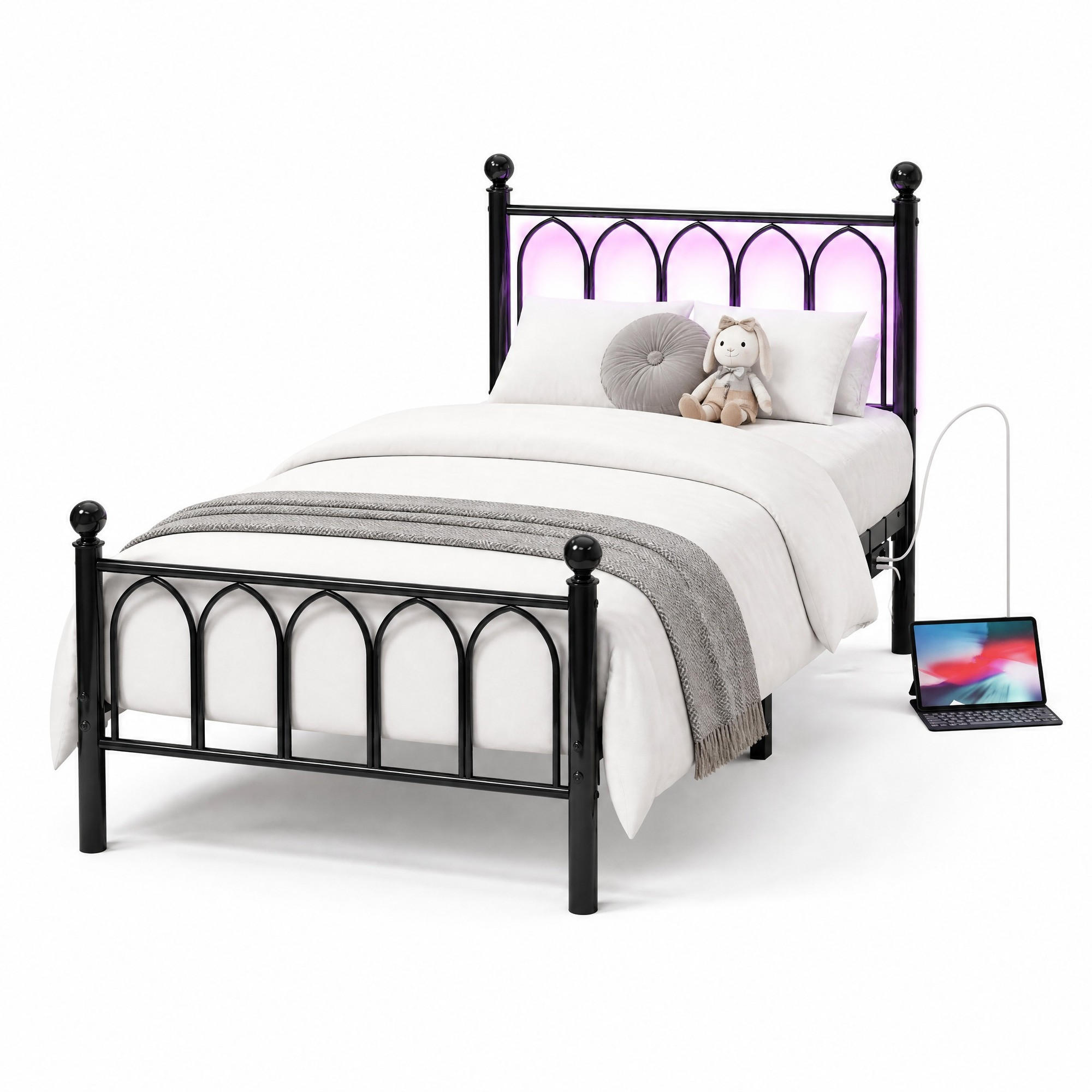 METALLBETT 90/200 cm in Schwarz mit LED, USB und Steckdose - Schwarz, Metall (90/200cm) - CHICFURN