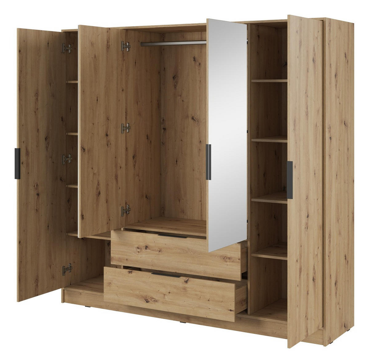 KLEIDERSCHRANK mit Spiegel 206 cm Kalma, 4 Türen, 2 Schubladen, Eiche Artisan - Eiche Artisan, Holz (206/200/51cm) - Emporius