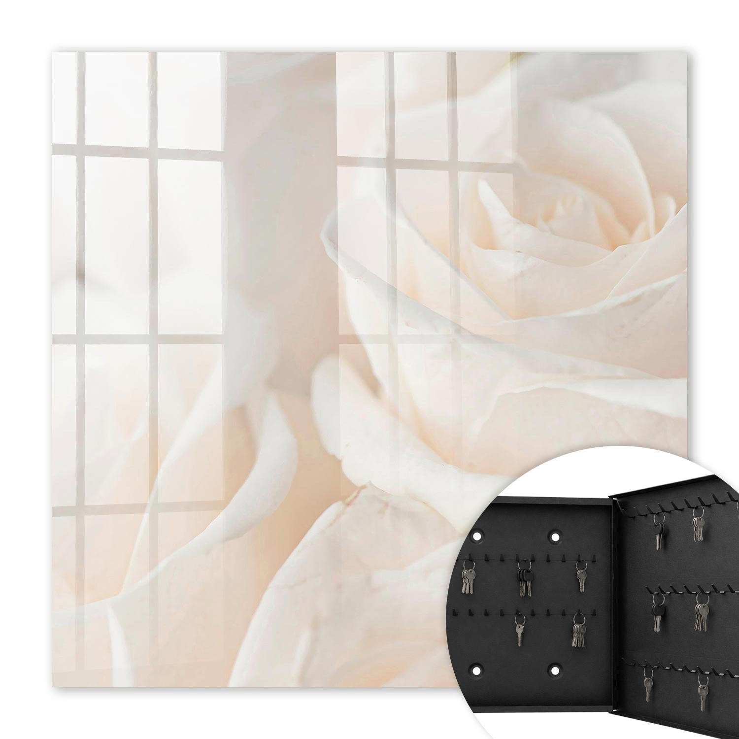 SCHLÜSSELBOX Schwarz 30x30 cm- Türöffnung nach rechts - Cremefarbene Rosen - Creme, Metall (30/30/5cm) - TULUP