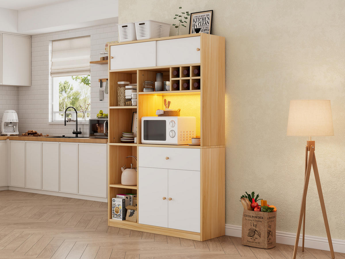 KÜCHENSCHRANK 115x35x180 cm, LED-Beleuchtung, 1 Schublade, 3 Türen, Weiß/Natur - Weiß, Holzwerkstoff (115/180/35cm) - FOHERE