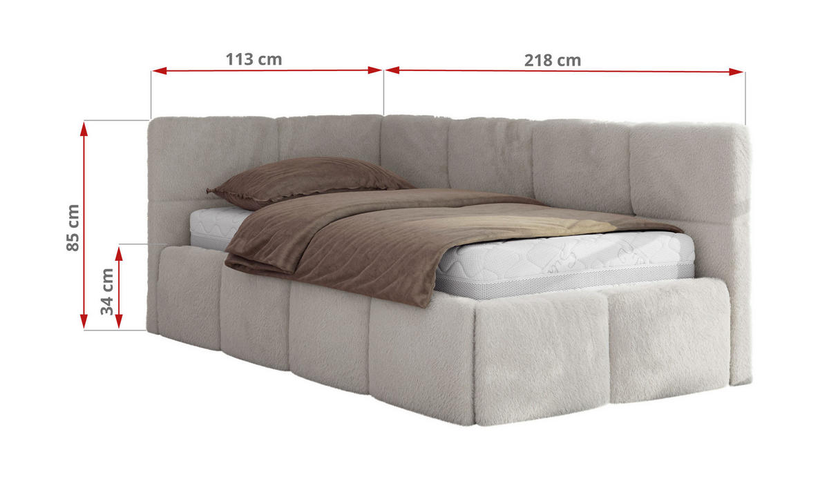 JUGENDBETT ARVO 90/200 - Hellgrau Plüsch - Foam-Matratze - Rechts Seite - Hellgrau, Textil (90/200cm) - MKS