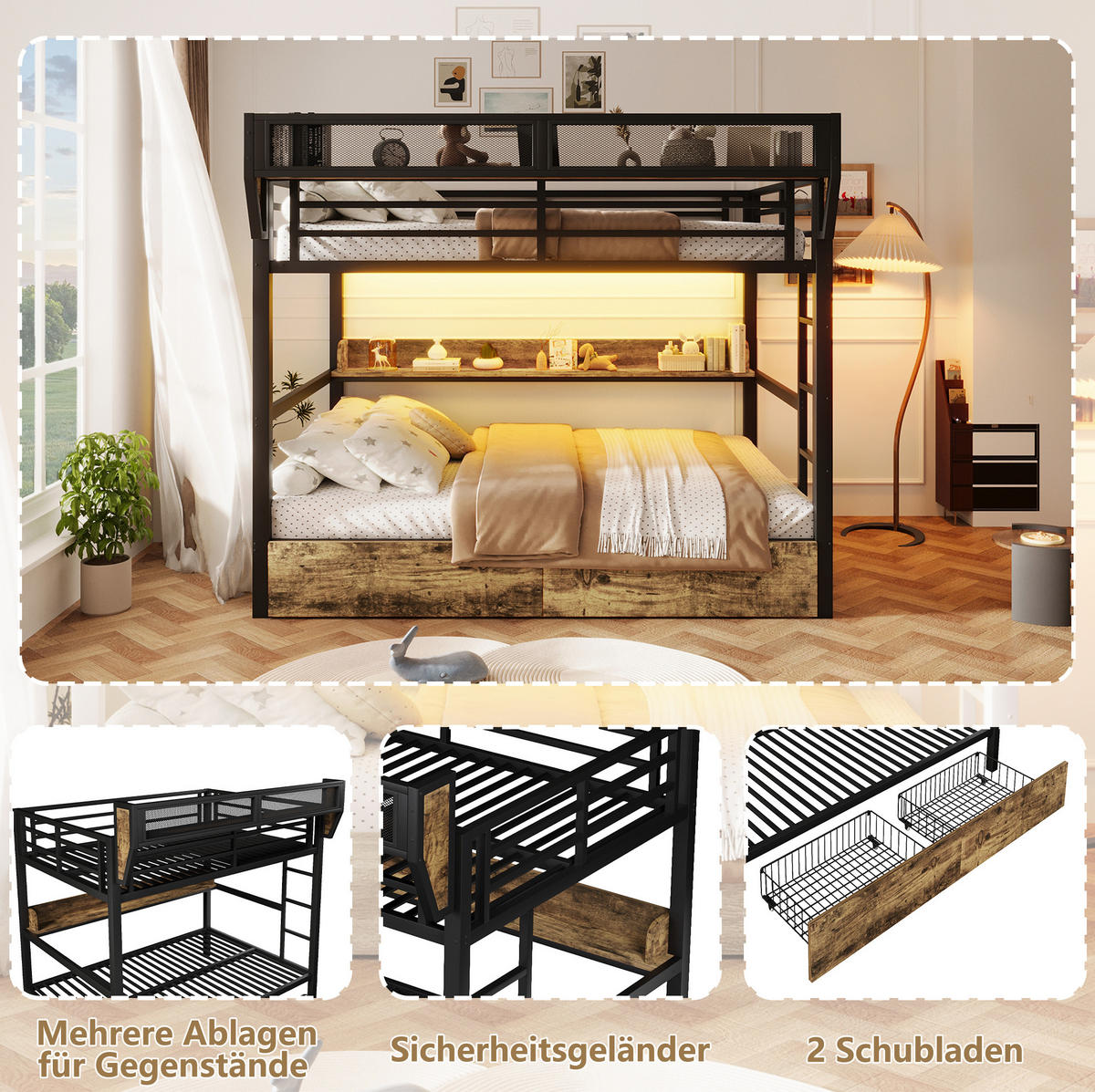 ETAGENBETT 140/200 cm aus MDF und Metall mit LED-Licht, Schwarz - Schwarz, Metall (140/200cm) - OKMYHOME