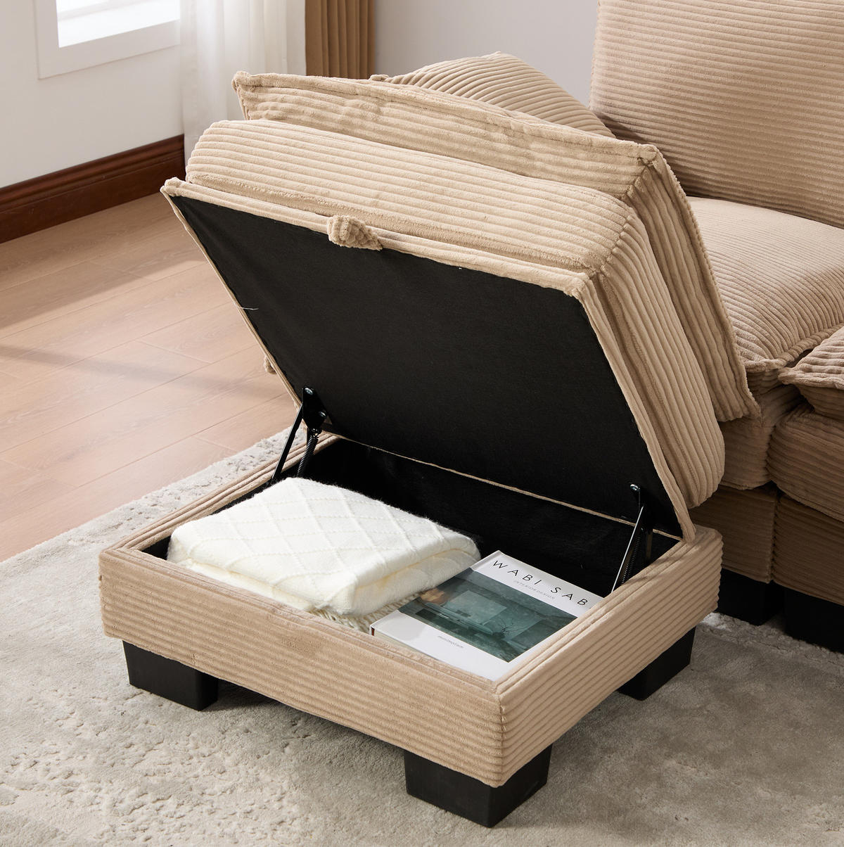 ECKSOFA 260/132/84 cm khaki aus Cord mit Hocker - Sandfarben, Textil (132/260cm) - OKWISH