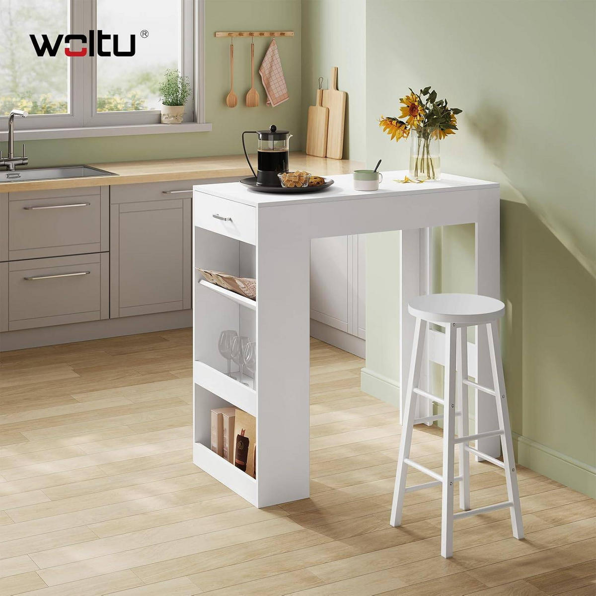 BARTISCH, Küchentisch mit Weinregal,100 x 50 x 100 cm - Weiß, Holzwerkstoff (50/100/100cm) - Woltu