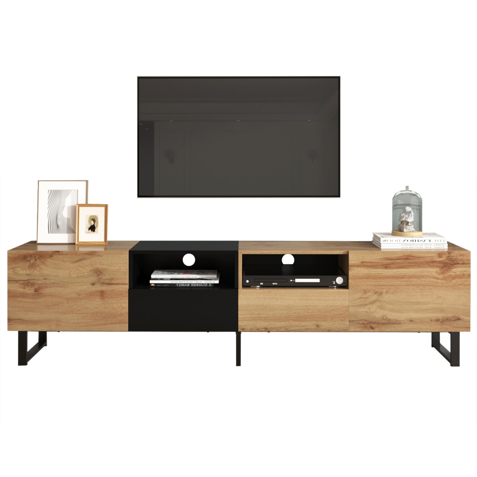 TV Lowboard Massivholz, 2 Türen, 2 Schubladen, Schwarz Holz - Schwarz, Holz (190/48/38cm)