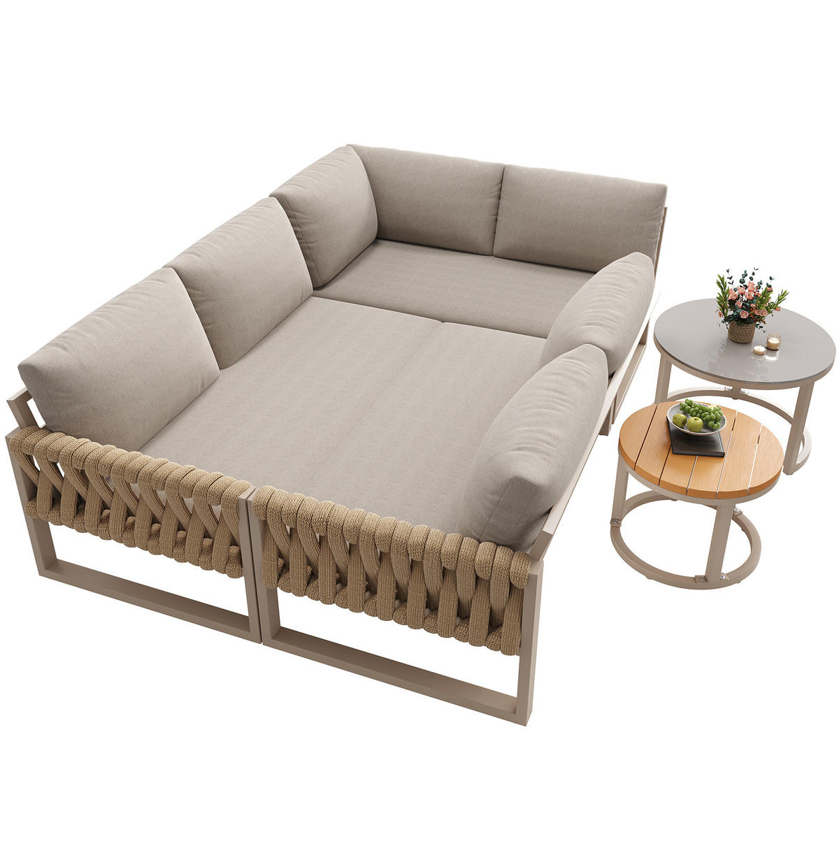 GARTENLOUNGE 123/68/86 cm mit modularer Kombination, verstellbaren Tischbeinen und waschbaren Kissen, Beige - Beige, Metall - Redom