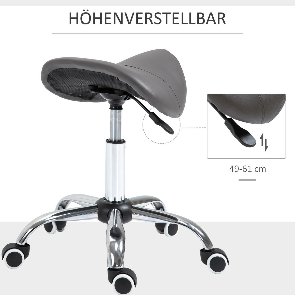 ROLLHOCKER Höhenverstellbarer Drehhocker Arbeitshocker mit Rädern Grau - Grau, Kunststoff (53/49/52cm) - HOMCOM