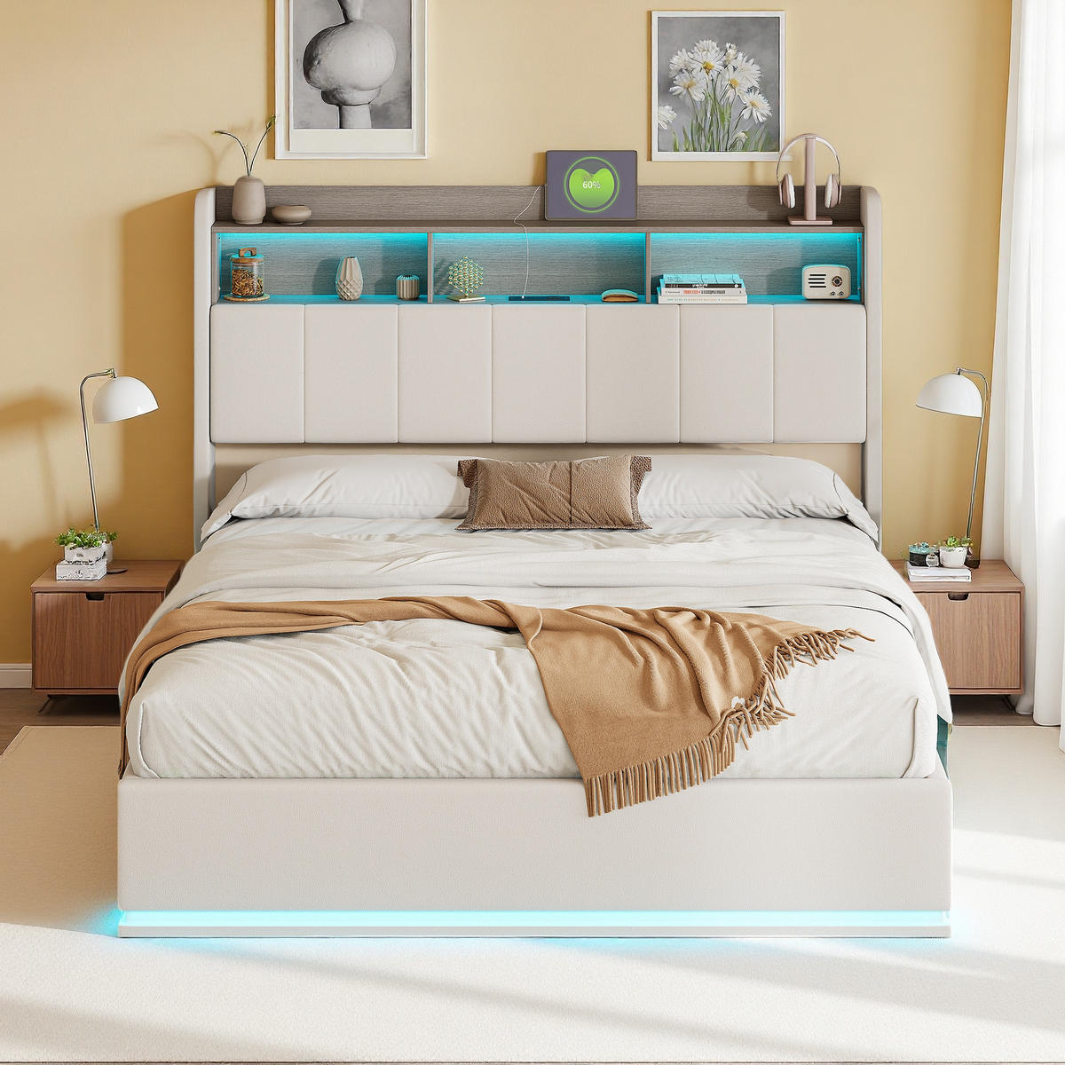POLSTERBETT 140x200 Weiß Samt LED - Weiß, Metall (140/200cm) - SHOPENTRA