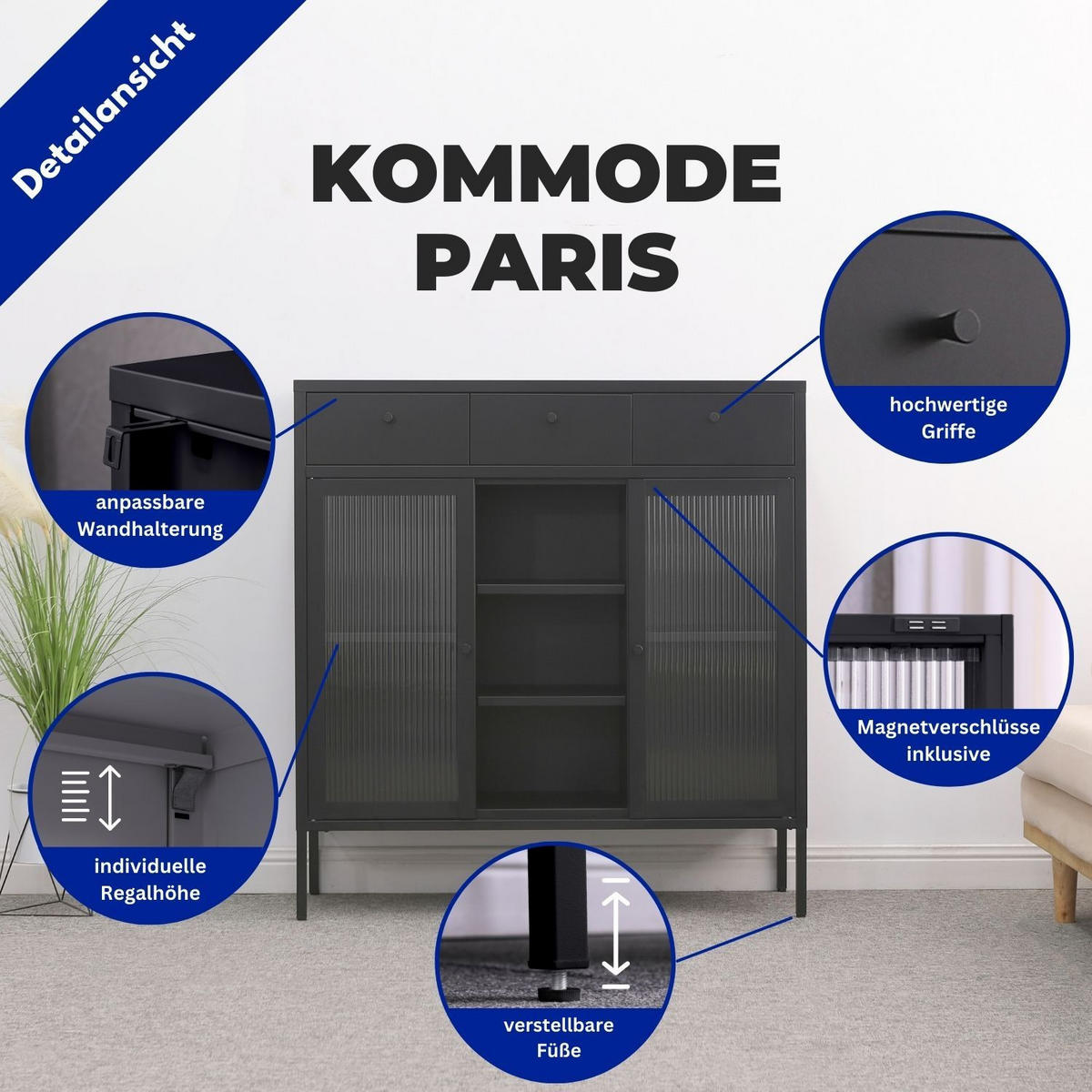 KOMMODE PARIS Metall Schwarz mit 3 Schubladen 105/35/110 cm - Schwarz, Metall (35/110/105cm) - Mein-Regal