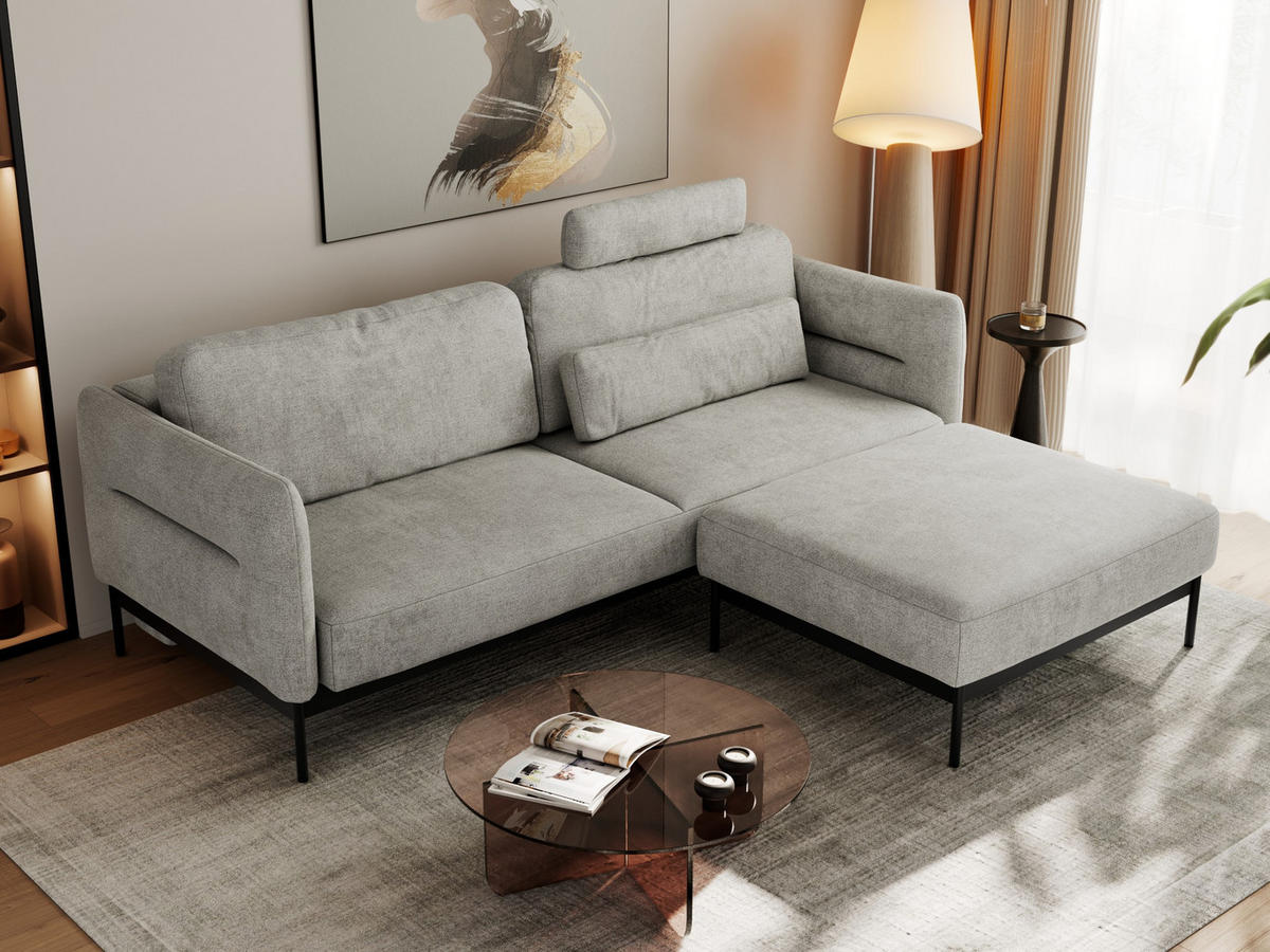 SCHLAFSOFA SALENTO Hellgrau Struktur - Hellgrau/Schwarz, Textil/Metall (221/82/193cm) - MKS